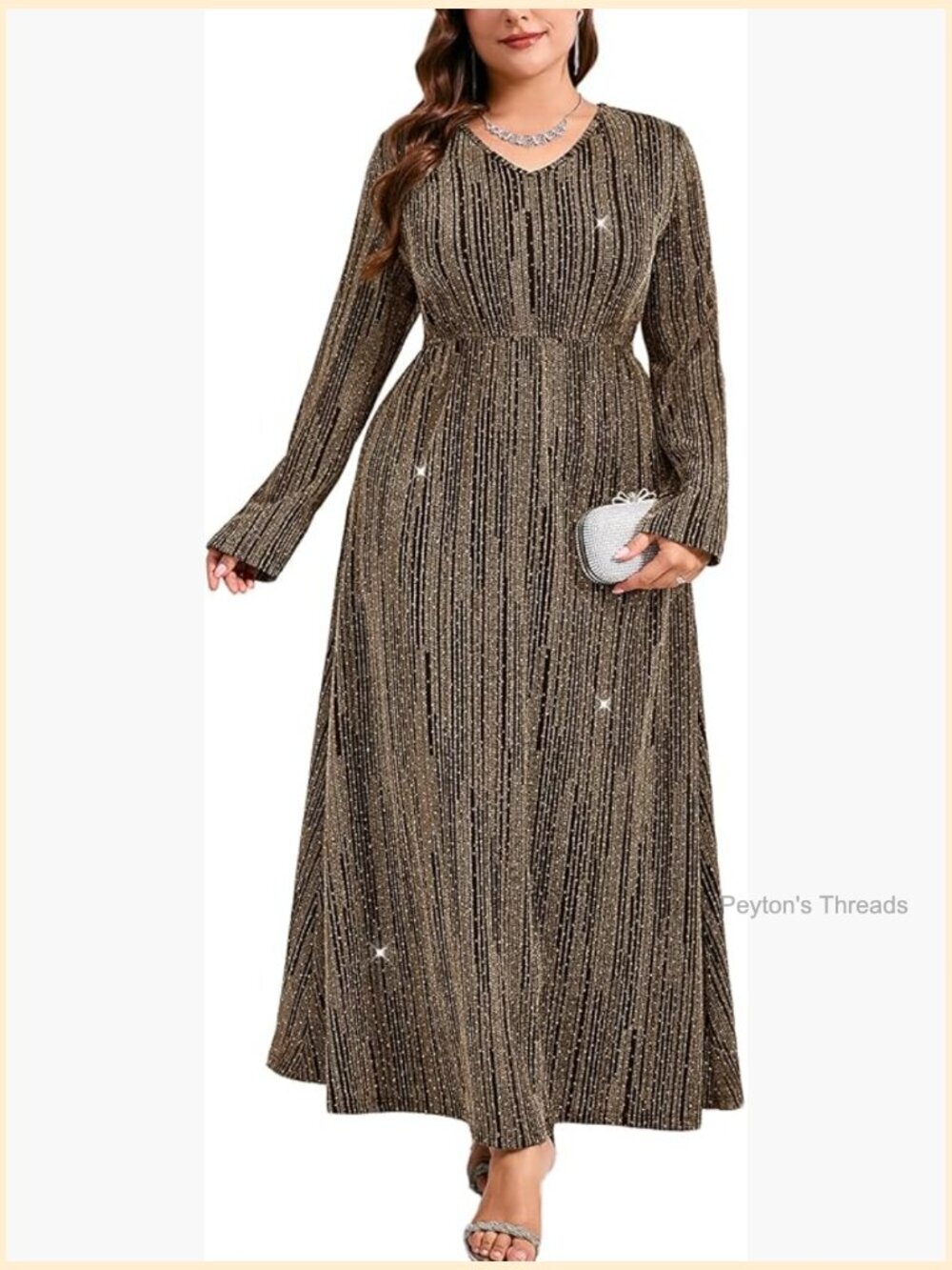 Plus Size Sparkly Glitter A-Line V-Neck Long Sleeve Maxi Formal Dress